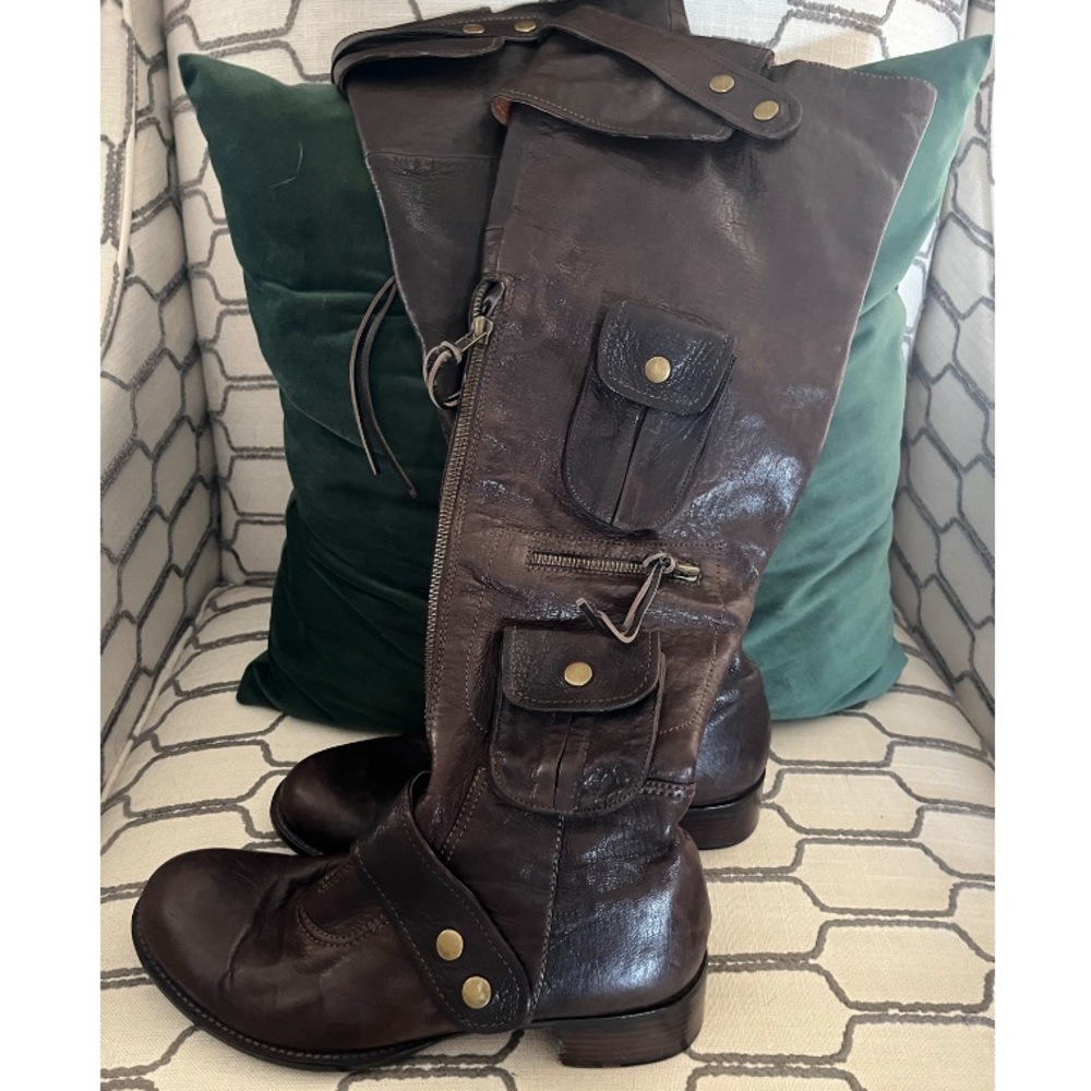 Tall Leather Tude Girls Brown Boots S: 8 with Straps Pockets Snaps and style